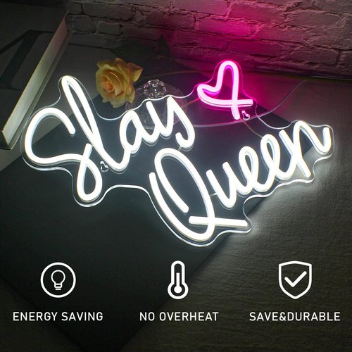 FAXFSIGN Slay Queen Neon Sign White Pink LED Neon Light Up Signs for Wall Decor Usb Neon Light for Bedroom Preppy Girl Aesthetic Room Dorm Decor Y2k Party Gifts