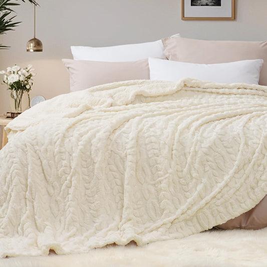 PHF Fluffy Sherpa Blanket King Size for Winter, Warm and Soft, 510GSM 3D Jacquard Thick Shaggy Fleece Plush Blanket for Sofa Bed, Cream, 108"x90"