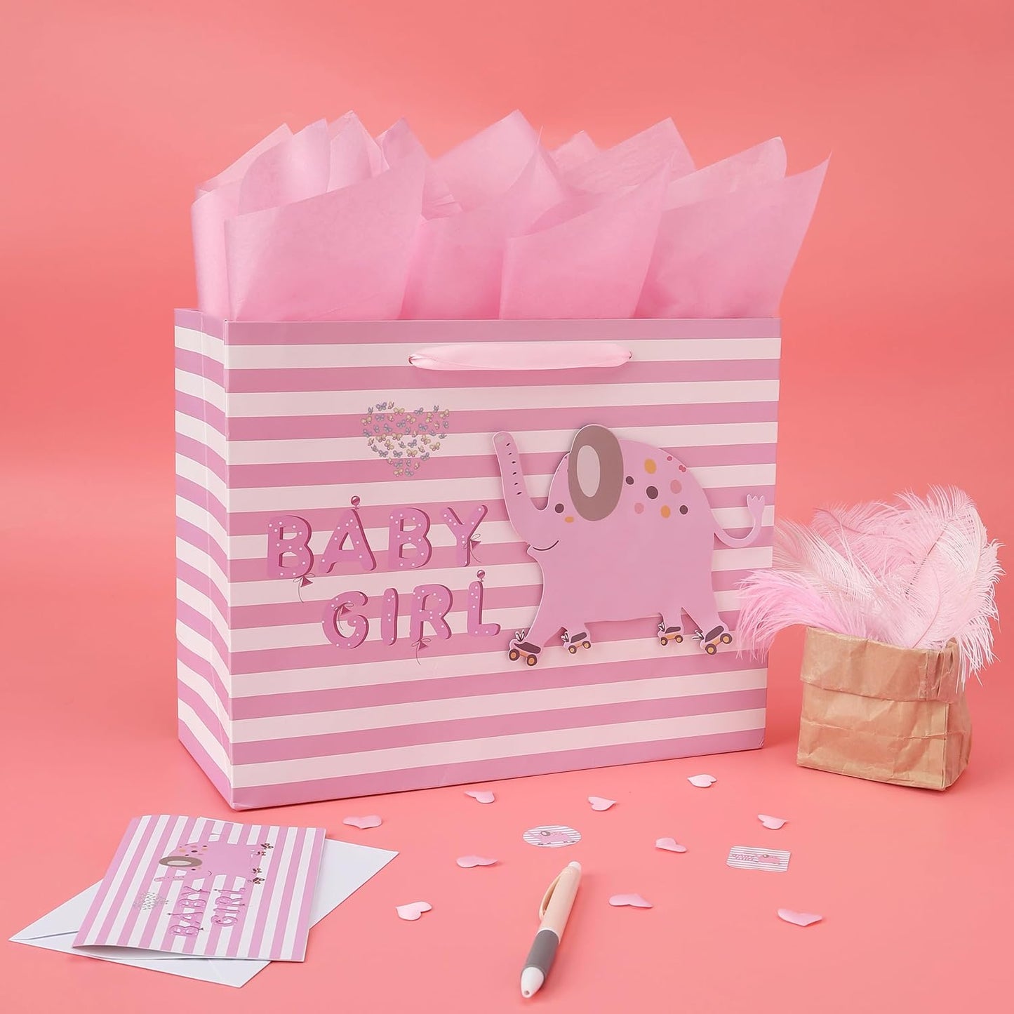 Wishinside 13" Large Pink Gift Bag Set - 3D Elephant Design with Greeting Card & Tissue Paper for Baby Girl, Baby Shower, Kids Birthday Party