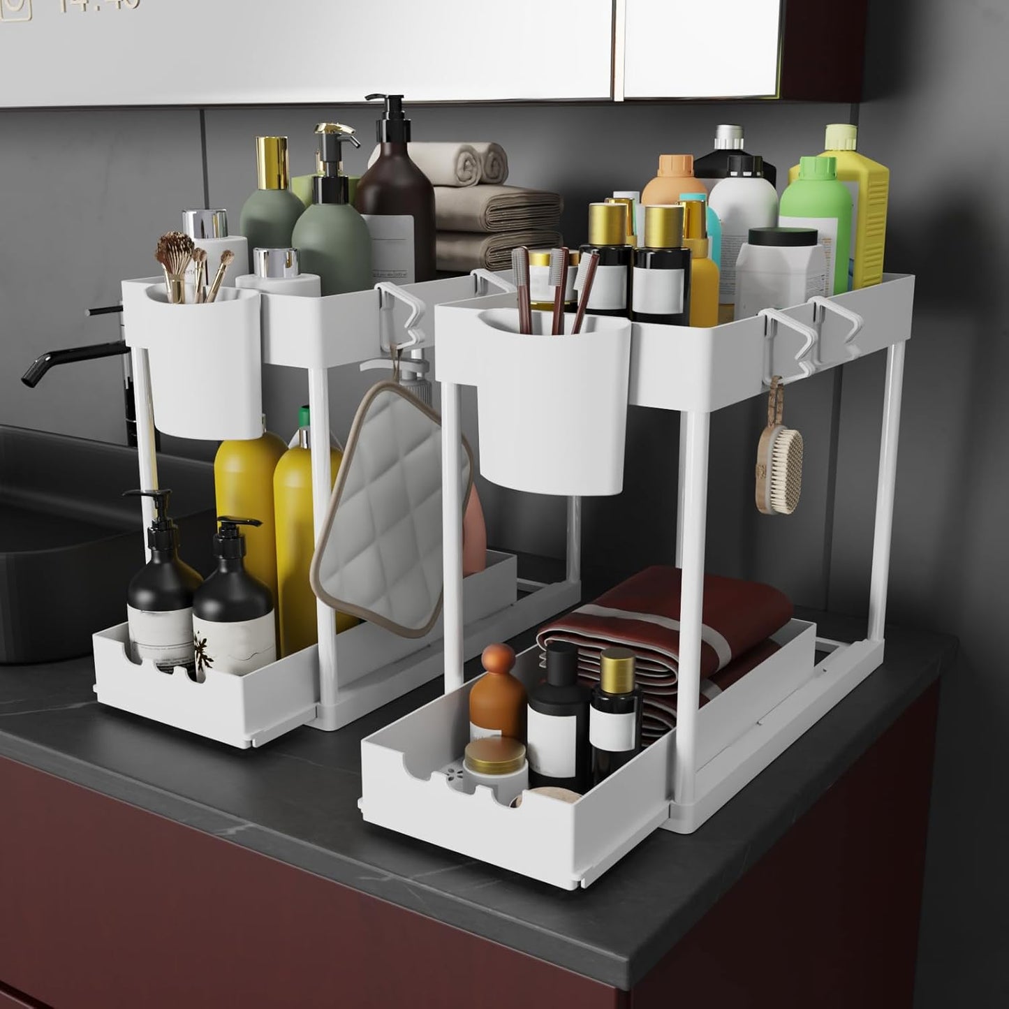 Under Sink Organizers by [Brand Name] - 2-Tier Sliding Cabinet Storage for Bathroom & Kitchen | Easy Pull-Out Design (White)