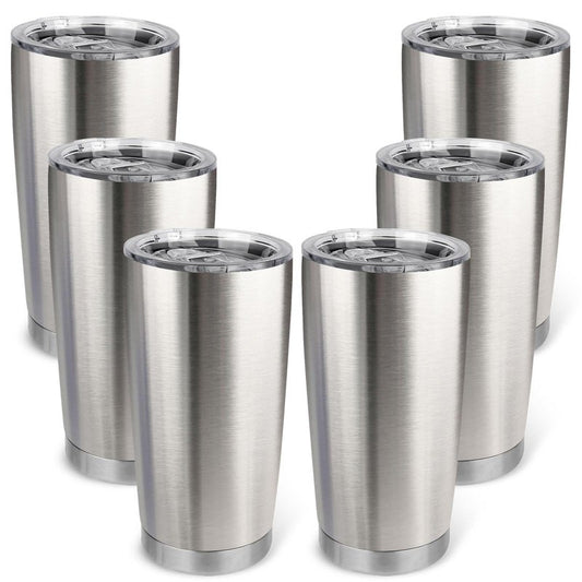 Zynkify 20oz Stainless Steel Tumbler Bulk with Lid, Travel Mug - Double Wall Vacuum Powder Coated Cup - Stainless steel, 6 Pack