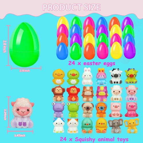 24 Pack Filled Easter Eggs for Kids Prefilled Egg Fillers Squishy Toys Stuffed Easter Eggs Easters Gifts Basket Stuffers for Kids Girls Toddlers Boys Non Candy Easters Egg Hunt Party Favors Animals