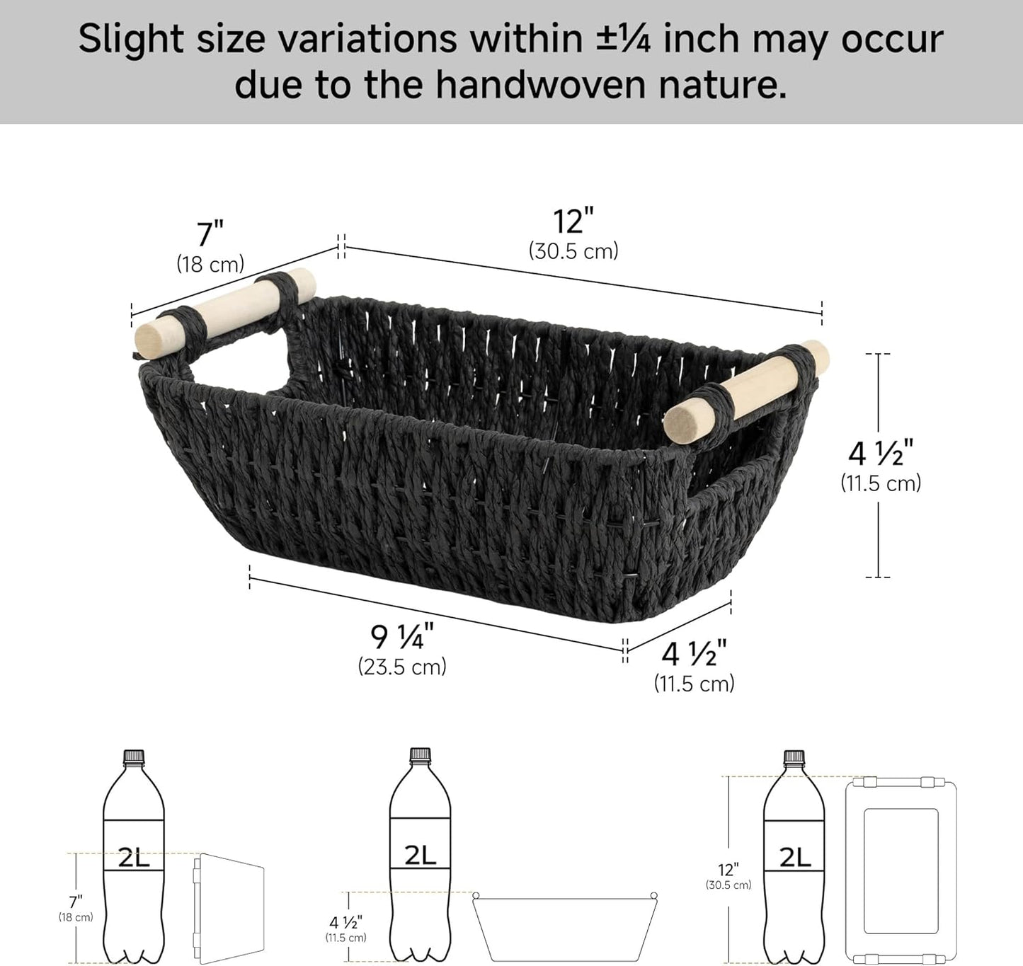 StorageWorks Black Wicker Storage Baskets - Small Woven Organizers with Wooden Handles | 2-Pack