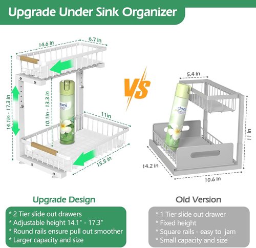 ADRIMER Under Sink Organizer - 2 Pack Pull-Out Kitchen & Bathroom Storage Shelves, White