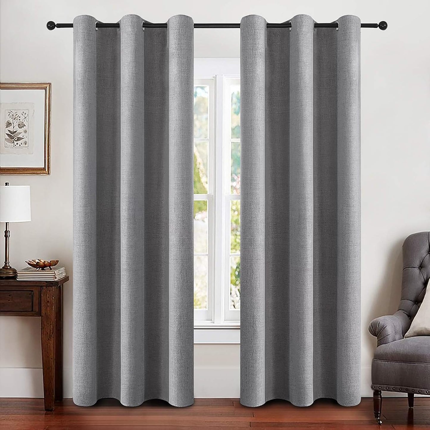 MIULEE Linen Blackout Curtains - 100% Room Darkening Thermal Insulated Grommet Panels | Grey, 42" x 90" (2 PCs)