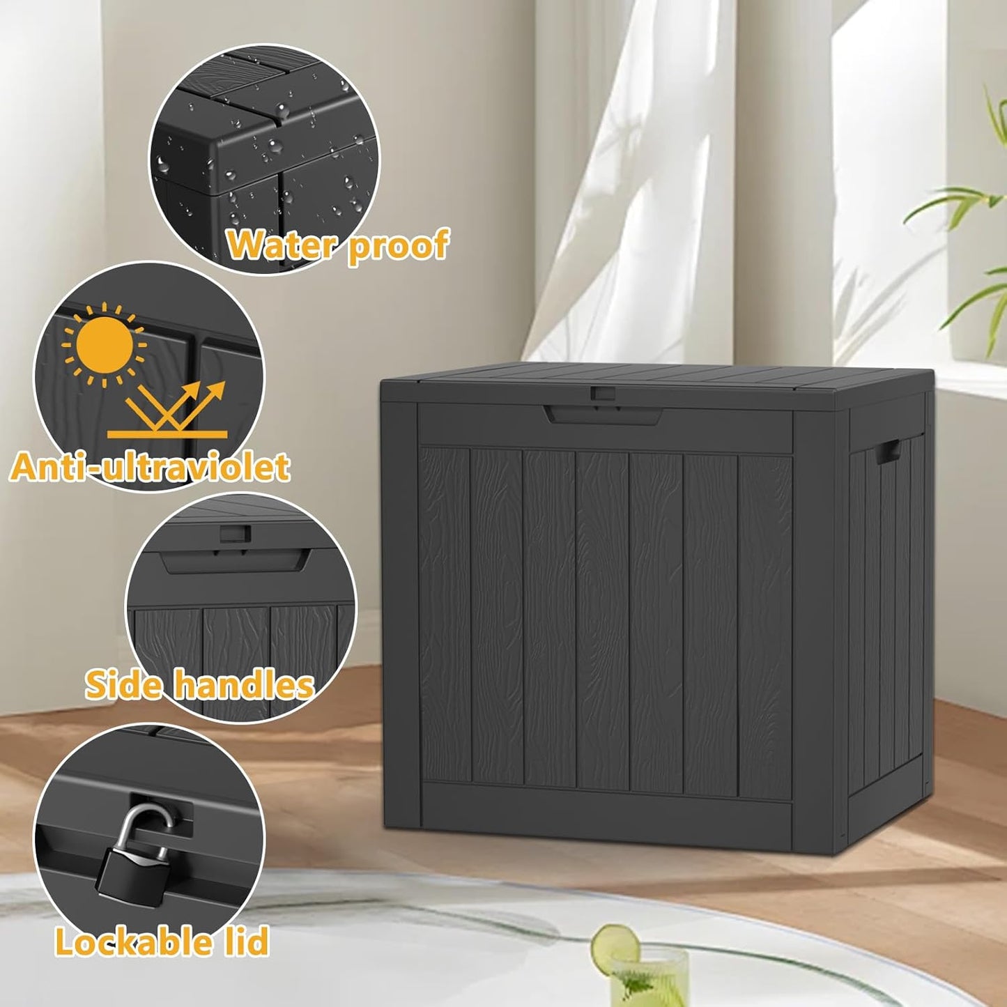 Regine Switzerland 33 Gallon Outdoor Deck Box - Lockable Waterproof Storage for Garden Tools & Cushions | Black