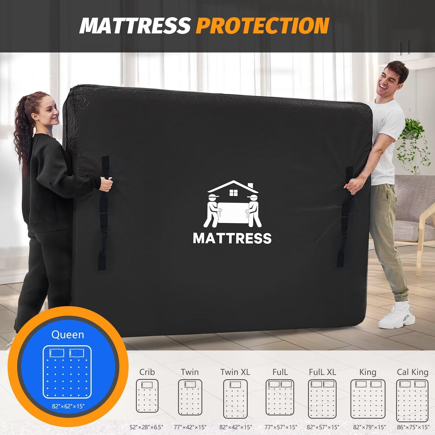 Mattress Bags for Moving, BETU Mattress Protector Waterproof Mattress Cover Queen Size Storage Bags with 8 Heavy-Duty Handles and Zipper for Bed Extra Thick Large Reusable (82"x62"x15" Black)