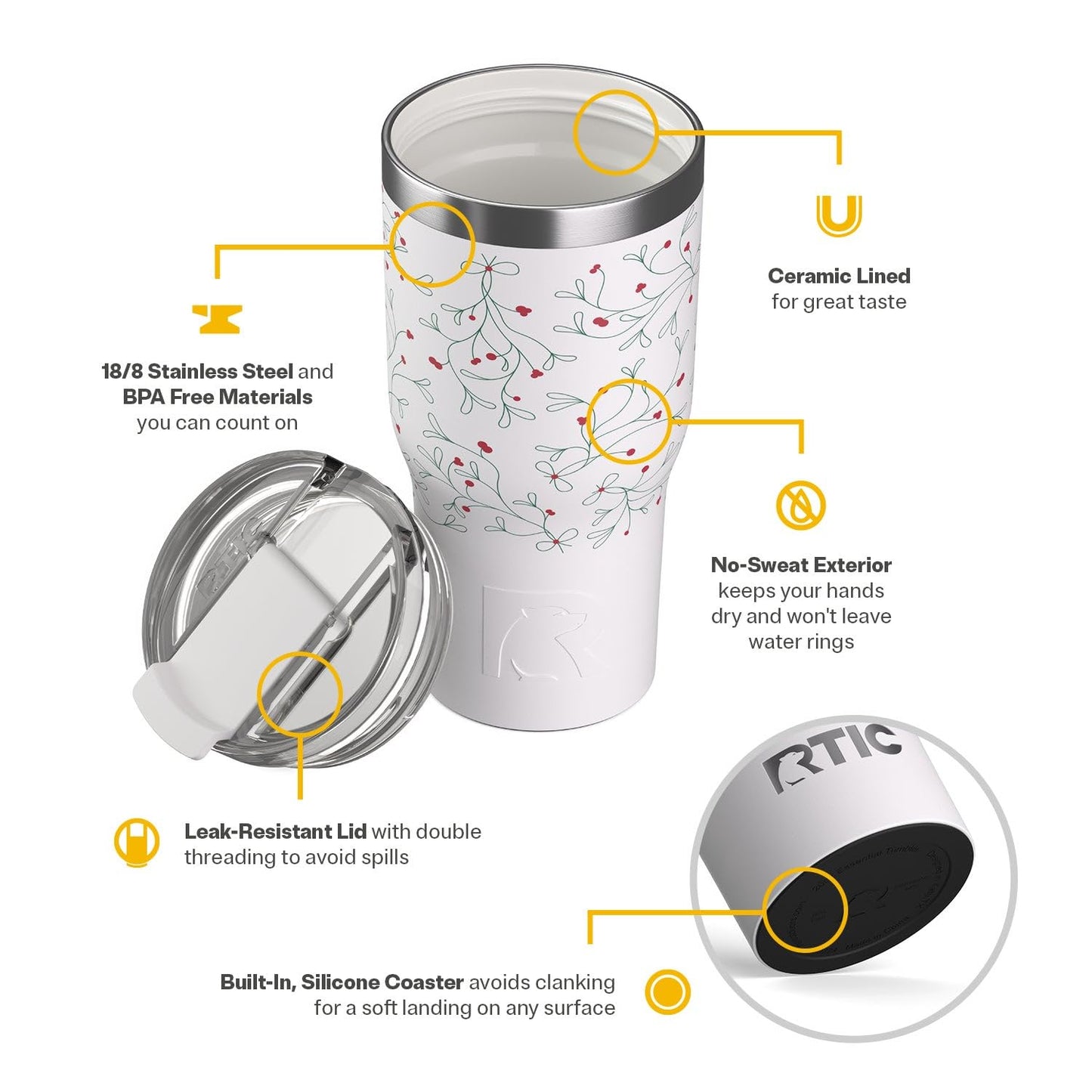 RTIC 20oz Essential Tumbler with Lid, Ceramic Lined, Insulated, Stainless Steel, Metal, Double Wall Vacuum-Insulation, Travel Cup for Iced Coffee, Tea, Hot and Cold Drink, Mistletoe