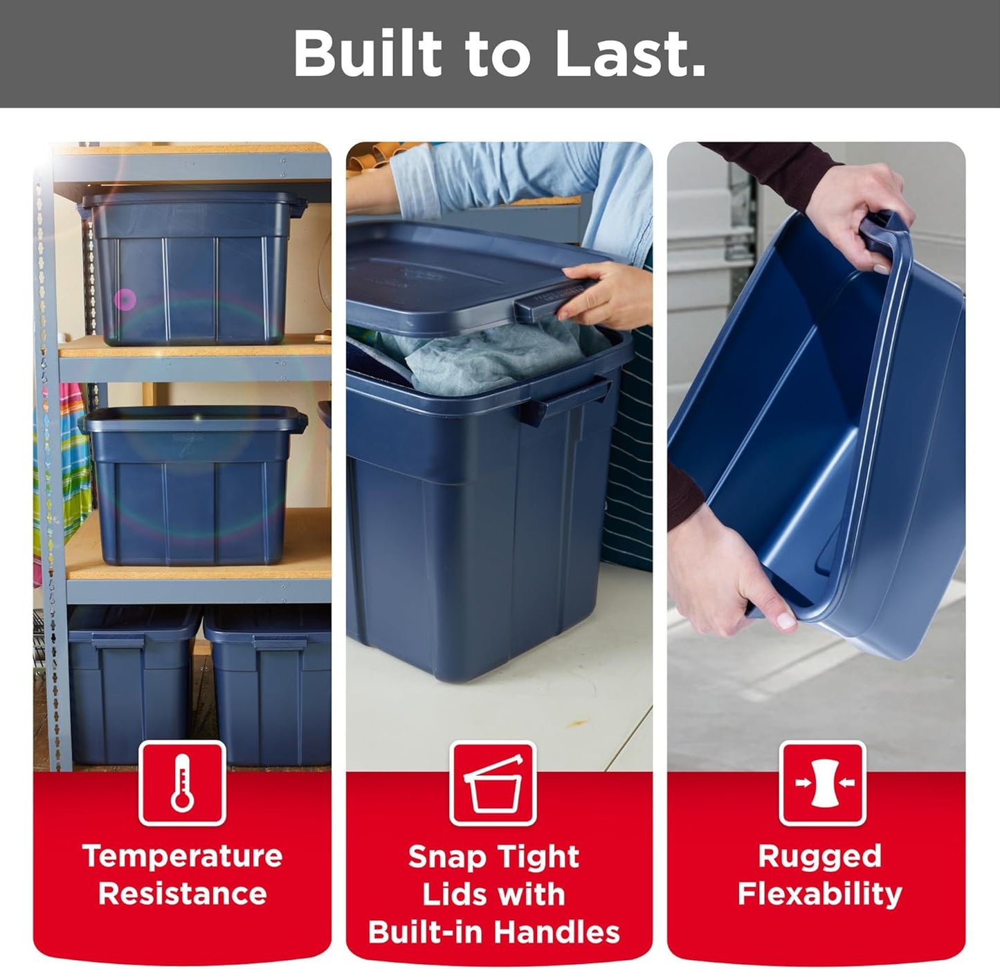 Rubbermaid Roughneck Tote - Durable Dark Indigo Metallic Storage Tote with Lid & Handles | Pack of 10