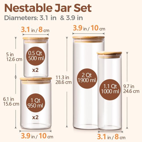 ComSaf Glass Food Storage Jars - Set of 6 Clear Containers with Lids for Kitchen Organization | Ideal for Pasta, Flour, Nuts, and More