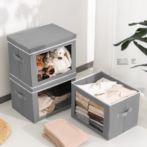Homsorout Large Storage Bins - Collapsible Fabric Cubes with Lids for Clothes | 15.7 Inch, Grey, 6 Pack