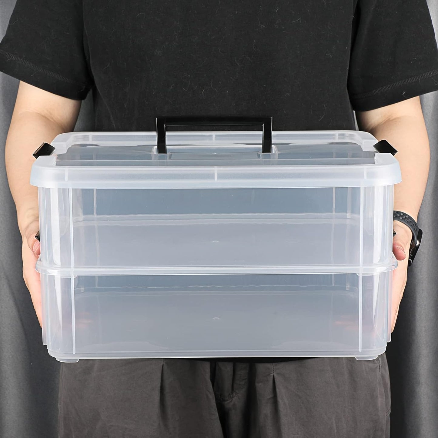 JUXYES Stackable Storage Box - 2-Tier Transparent Container with Handle for Office & School Supplies