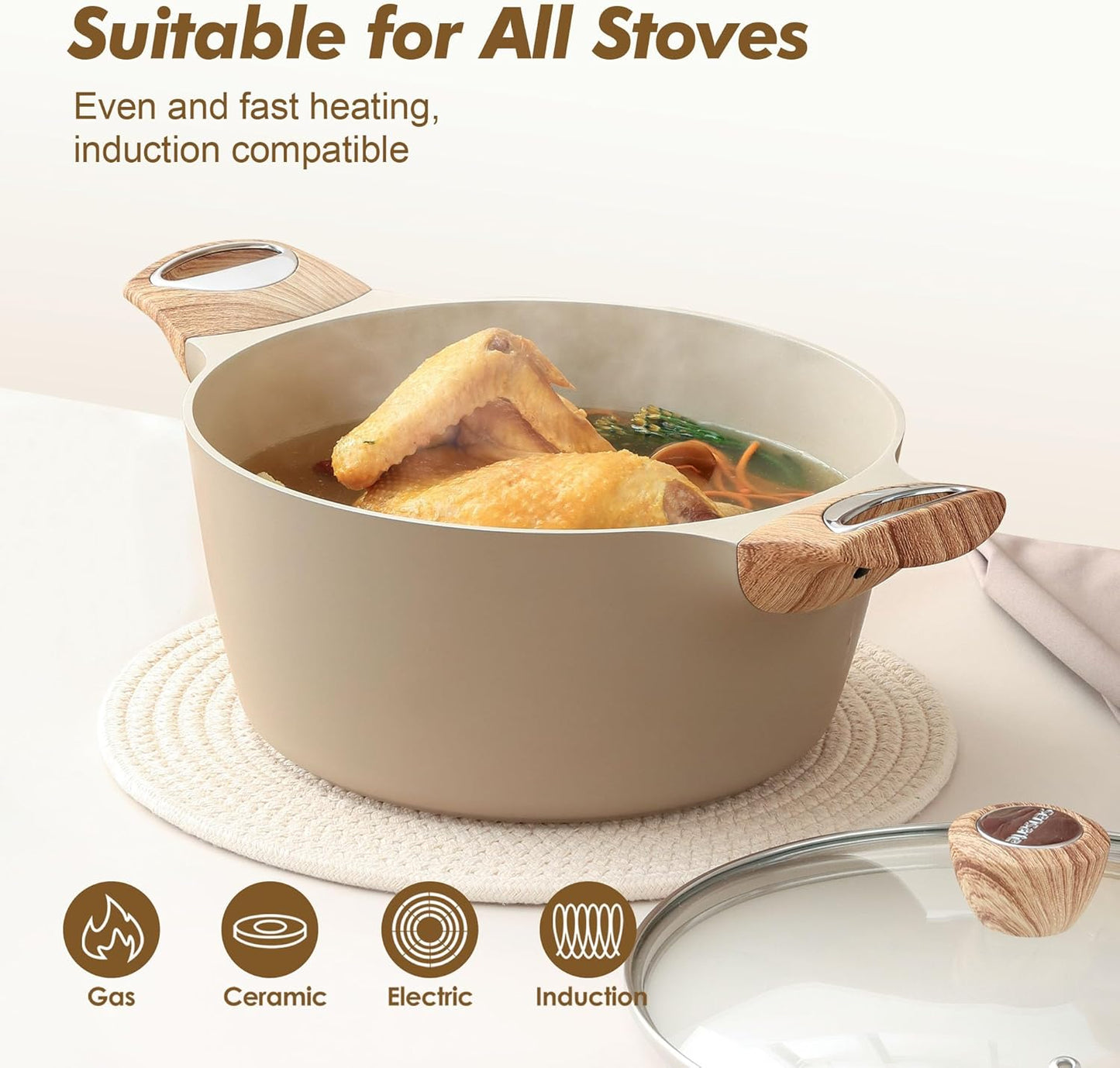 SENSARTE Nonstick Ceramic Stock Pot - Healthy 2.6/4.5/6.6/8.5 QT Soup & Casserole Pot | Induction Compatible, Taupe