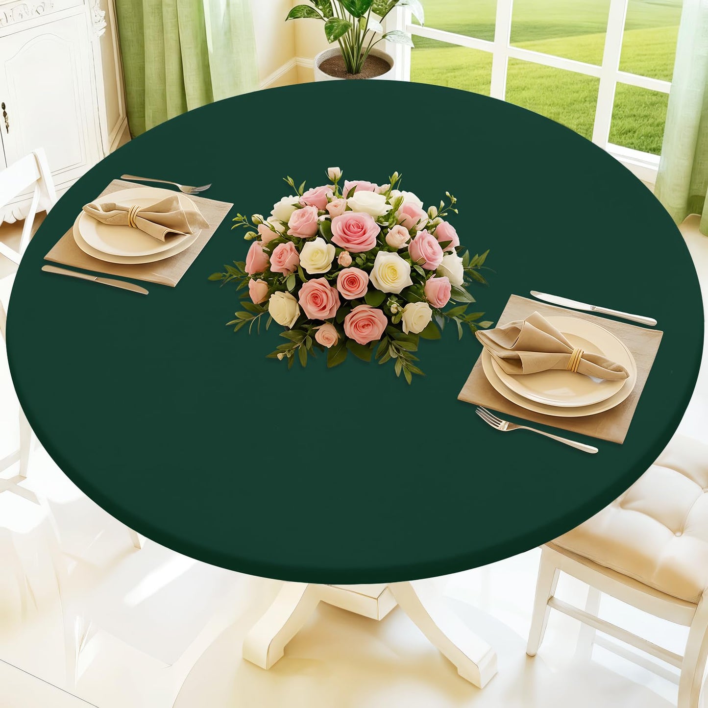 Moosfor Round Spandex Tablecloth, Elastic Fitted Waterproof Tablecloths for 18"-24" Tables, Stretch Washable Picnic Table Cover for Camping, Dining, Indoor and Outdoor, Hunter Green