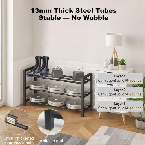 Detsuk 2-Tier Expandable Shoe Rack - Adjustable Heavy-Duty Metal Organizer (17.5"-30.7") | Durable Black Storage for Closet & Entryway