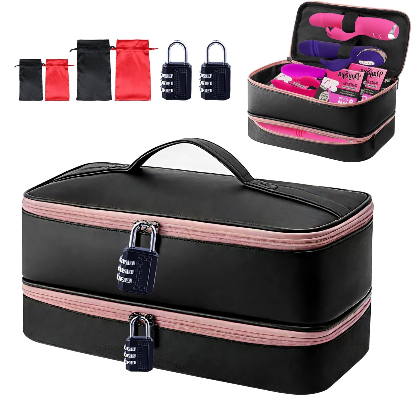 Turesmith Sex Toy Storage Bag with 2 Password Locks 4 Sex Toy Bags (Black) - Foldabl Lockable Adult Toy Organizer for Discreet Storage Privacy Protection