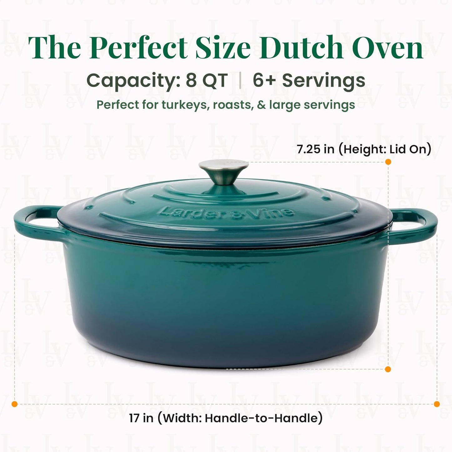 Larder & Vine Enameled Cast Iron Dutch Oven - 8 Qt | Ideal for Baking Sourdough Bread | Oven Safe to 500°F | Bondi Color