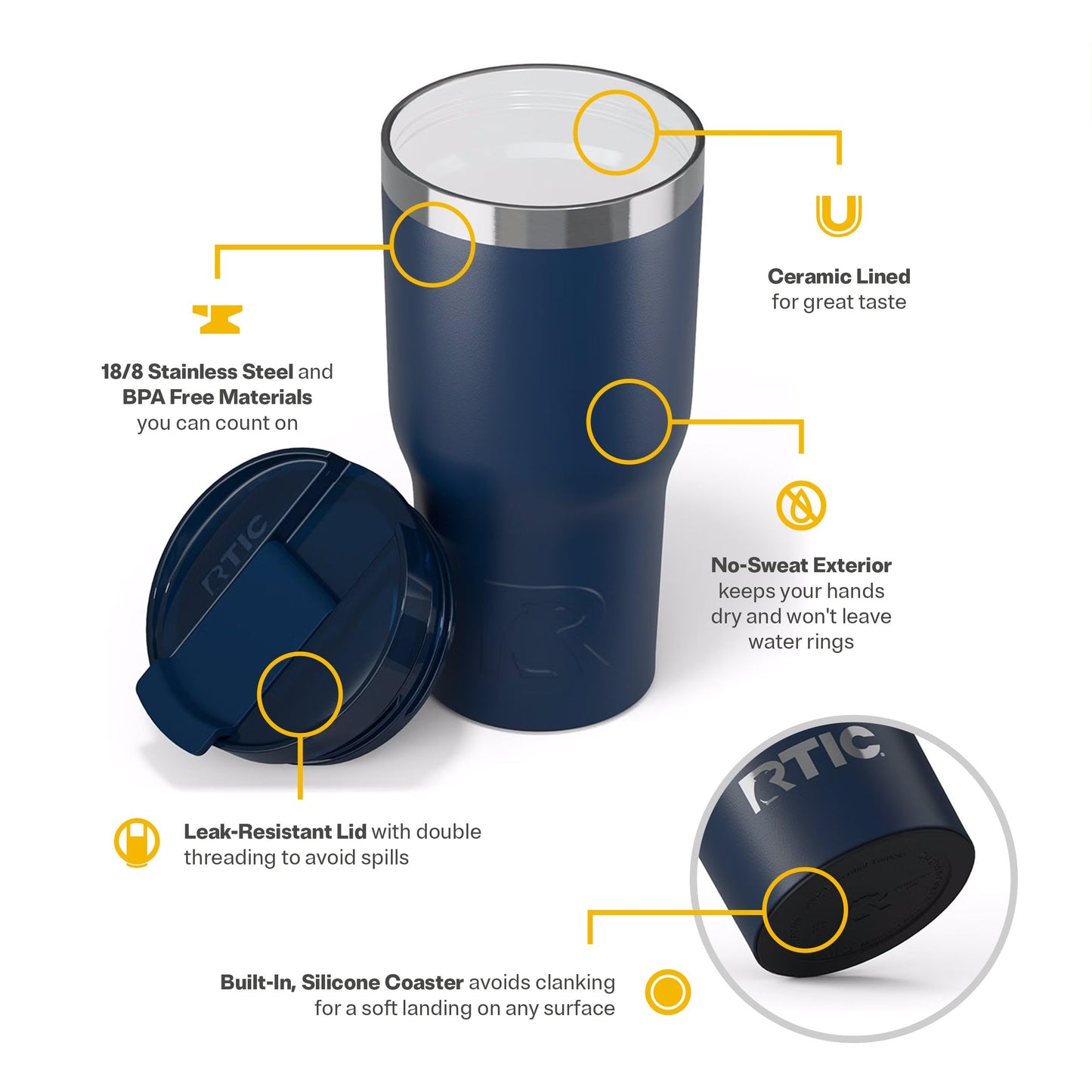 RTIC 20oz Essential Tumbler with Lid, Ceramic Lined, Insulated, Stainless Steel, Metal, Double Wall Vacuum-Insulation, Travel Cup for Iced Coffee, Tea, Hot and Cold Drink, Navy