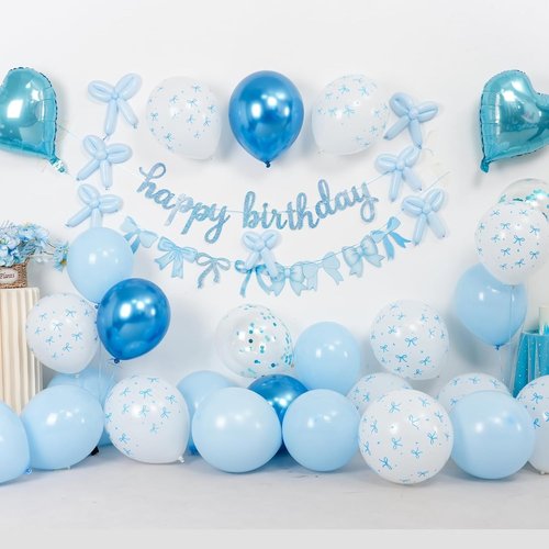 Blue Bow Birthday Decorations - Coquette Party Set with Happy Birthday Banner & Heart Foil Balloons