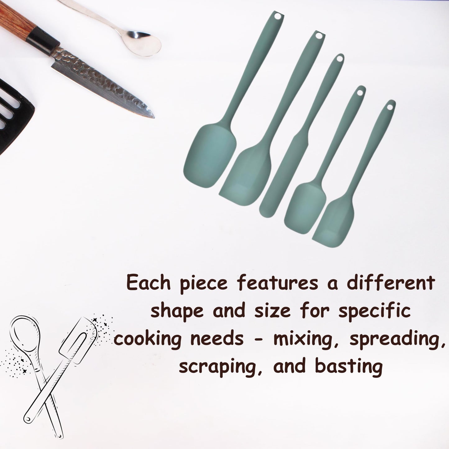 Silicone Spatula Set 5 Piece Kitchen Utensils, Heat Resistant to 445°F, Sage Green, Non-Stick Cooking Magic! Durable Silicone Easy Clean Perfect for Flipping Pancakes & Cooking with Kids