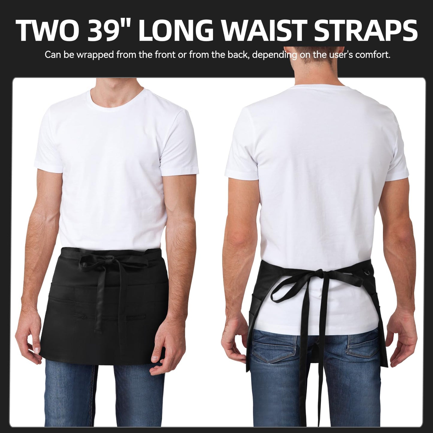 NLUS 2 Pack Server Apron with 8 Pockets, Water-Resistant Waiter Waitress Waist Half Apron for Women Men, 12 x 24 Inch - Black