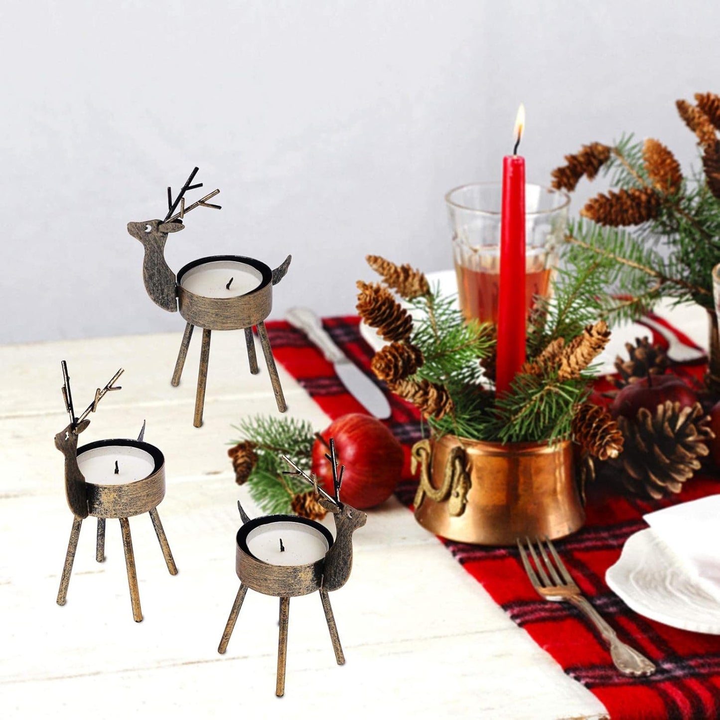 Juegoal Reindeer Tealight Candle Holders - Set of 6 Rustic Bronze Iron Metal Christmas Decorations | Durable Holiday Centerpiece