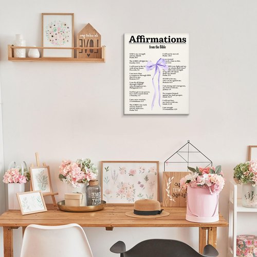 Coquette Bible Verses Wall Art | Framed Christian Canvas Decor with Purple Bow - 14x11 Inch