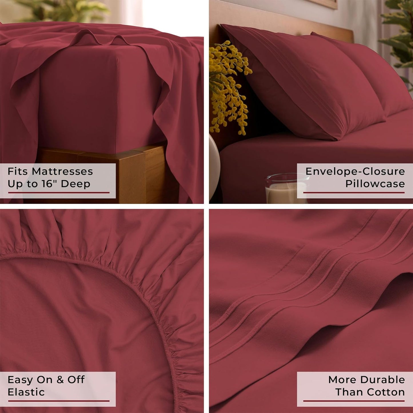 Mellanni Queen Sheets Set - 4 PC Luxury Bedding Collection - Extra Soft, Cooling, Wrinkle Resistant | Brick Red