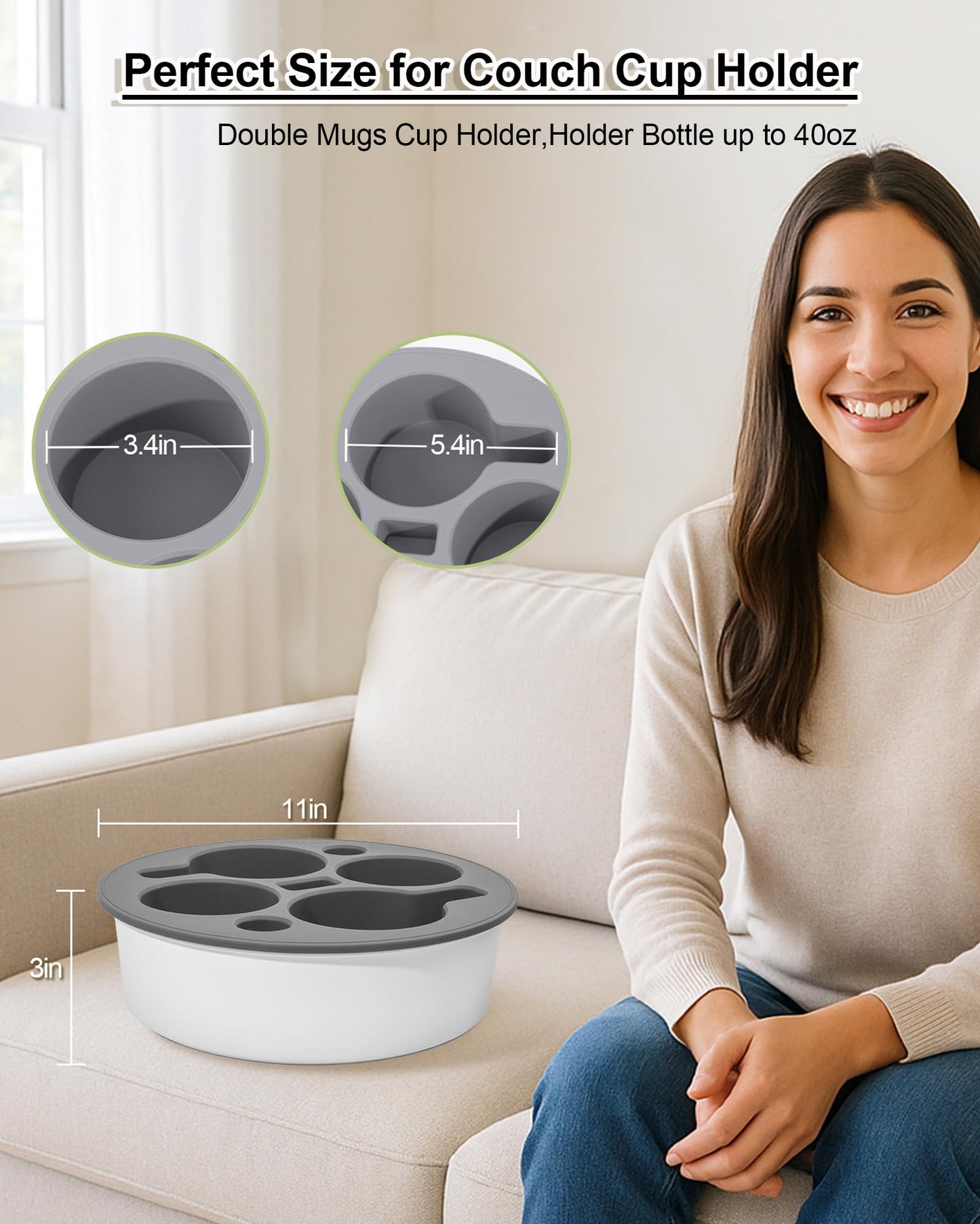 Couch Cup Holder Tray Round, Bonfixe 4-Cups Bedside Drink Holder for Elderly/Pregnancy, Stable Non-Spill Silicone Couch Caddy for Remote Control, Glasses‌, Snacks, Phones‌ (Black)