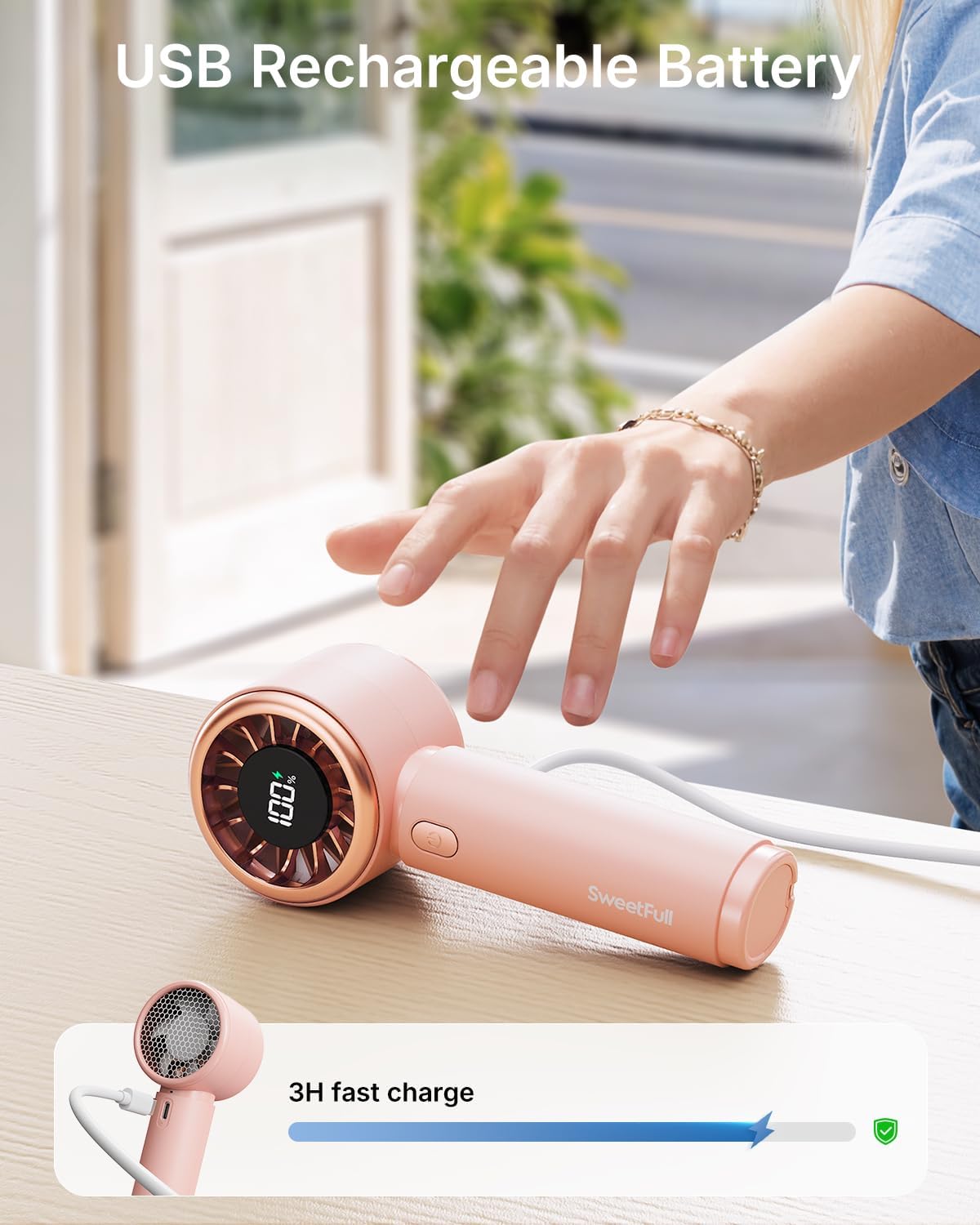 Sweetfull Mini Fan - Cute Handheld Turbo Fan with Rechargeable Battery | 5 Speeds, Portable Pink Travel Essential