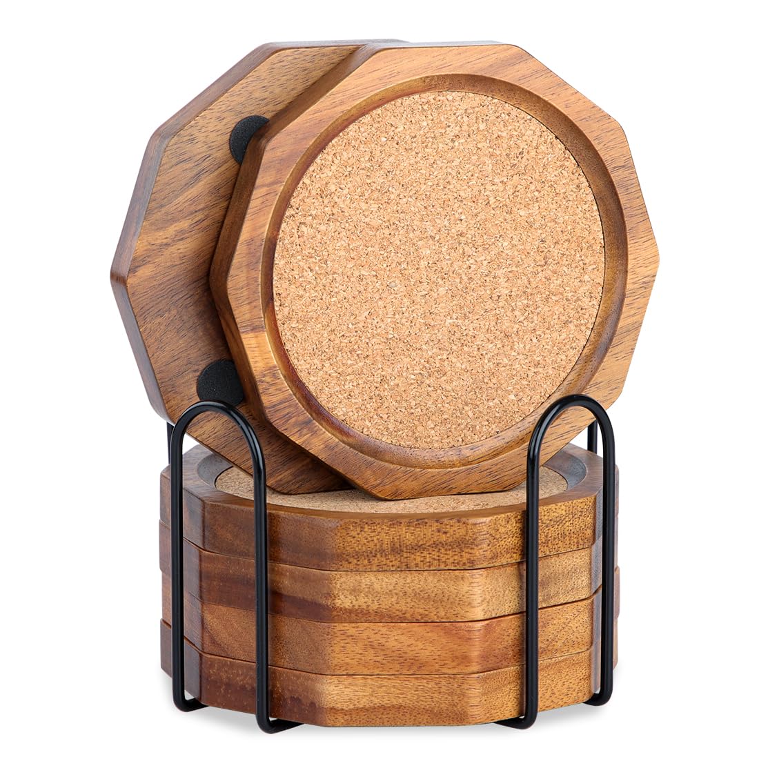 LiWiBet Wood Cork Coasters for Drinks Absorbent with Holder, 4.33in Decagonal Shape Acacia Wood Coaster Set Drink Coasters for Cups, Mugs, and Glasses - Handcrafted, Durable, and Stylish