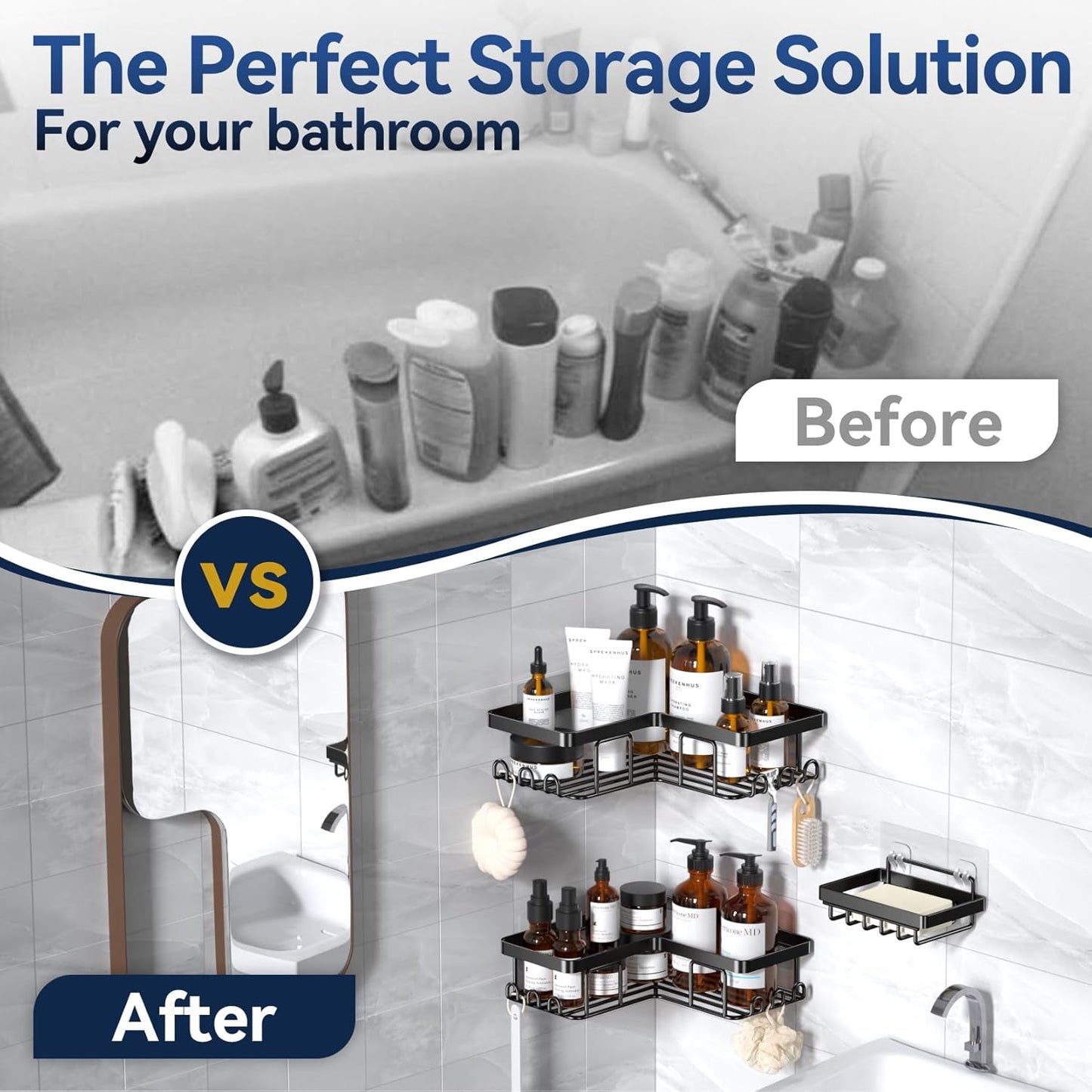 YASONIC Corner Shower Caddy - Rustproof Stainless Steel Organizer with Soap Holder & 12 Hooks | Black, 3-Pack