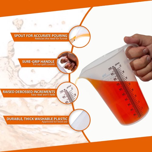 32oz (1 Quart) Measure Pitcher with Convenient Conversion Chart – Extra Strong Food Grade – Great for Cooking, Home Hobbies, Shop Oil and Fluids, Spa Chemicals with High Chemical Resistance by Turnah