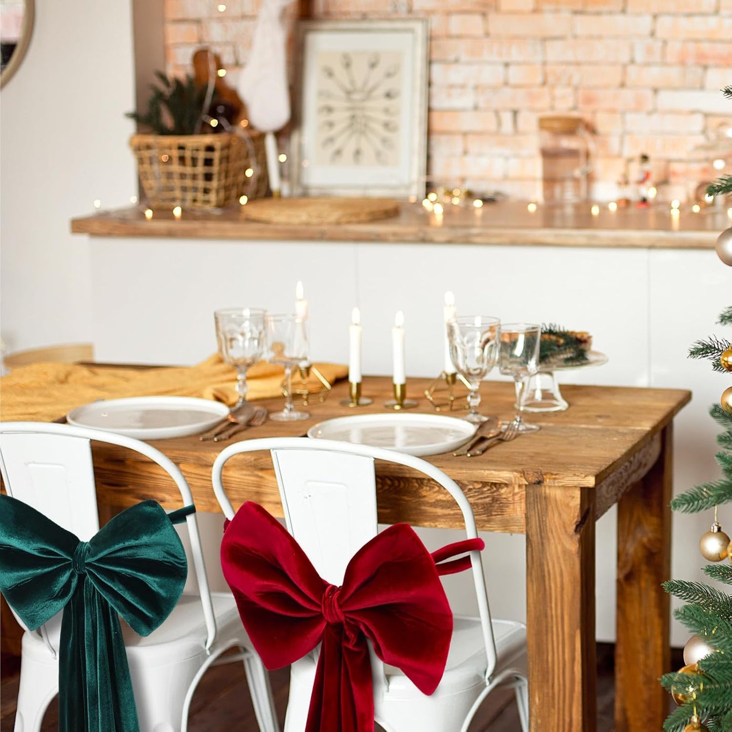 Suncalla Velvet Chair Bows - 4 Pcs Red & Green 12 x 43 Inch Elegant Sashes for Weddings & Parties