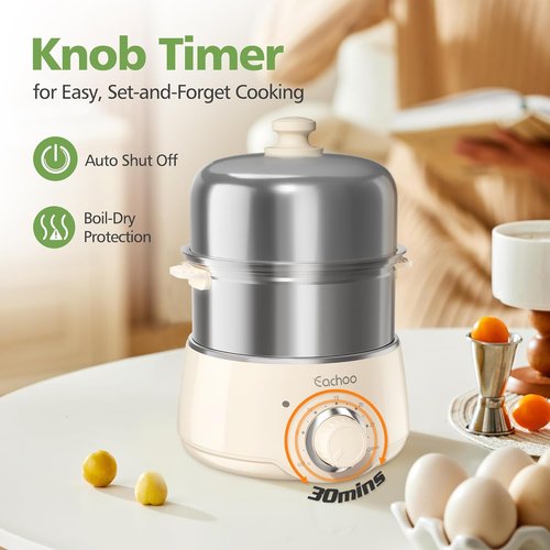 CACHOO 14-Egg Rapid Stainless Steel Egg Cooker - Compact Electric Boiler with Timer & Auto Shut Off | Beige