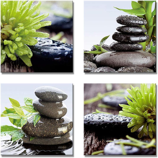 Zen Bathroom Decor Meditation Canvas Wall Art, Water Stone and Green Plants Pictures for Yoga Spa and Office Calming, Relaxing Wall Art for Office Bedroom Living Room (16x16in, 4 Panels)