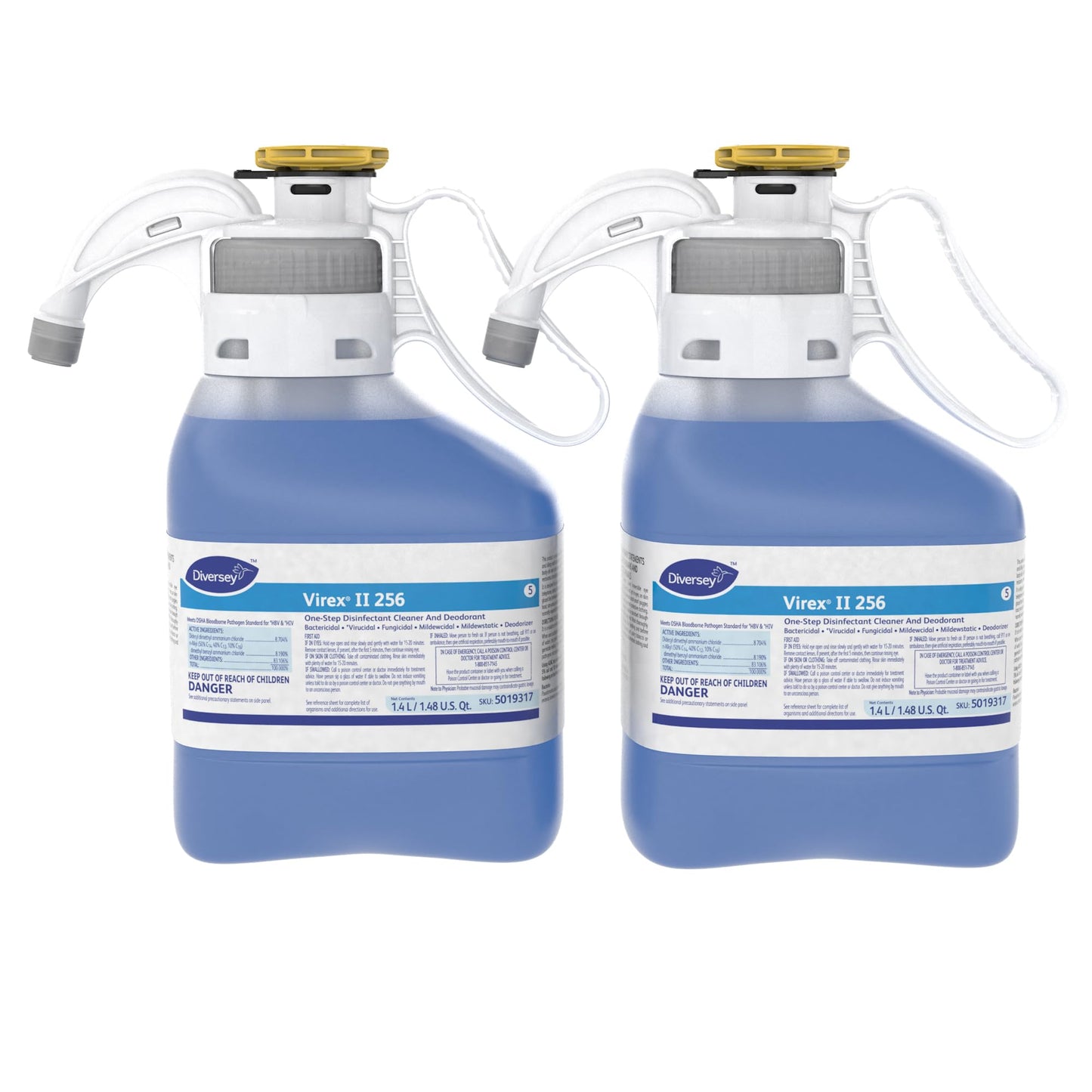 VIREX Diversey II 256 5019317 Disinfectant Cleaner Concentrate, Multi-Surface for Home & Commercial Use, Odor Control, Mint Scent, SmartDose SmartDose Bottle, 1.4 Liter (Pack of 2)