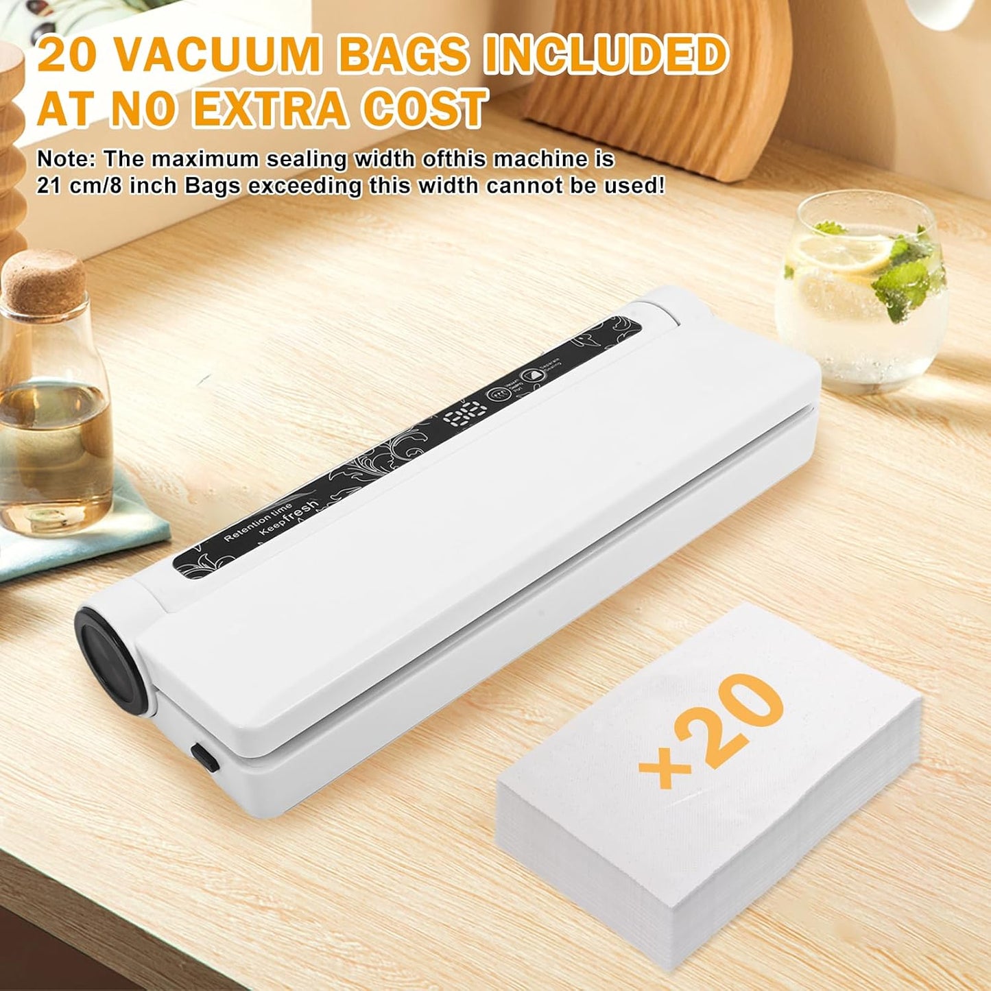 Skiennix Vacuum Sealer Machine - 75KPA Strong Suction, Moist/Dry Modes, 20 Bags Included, Compact Design