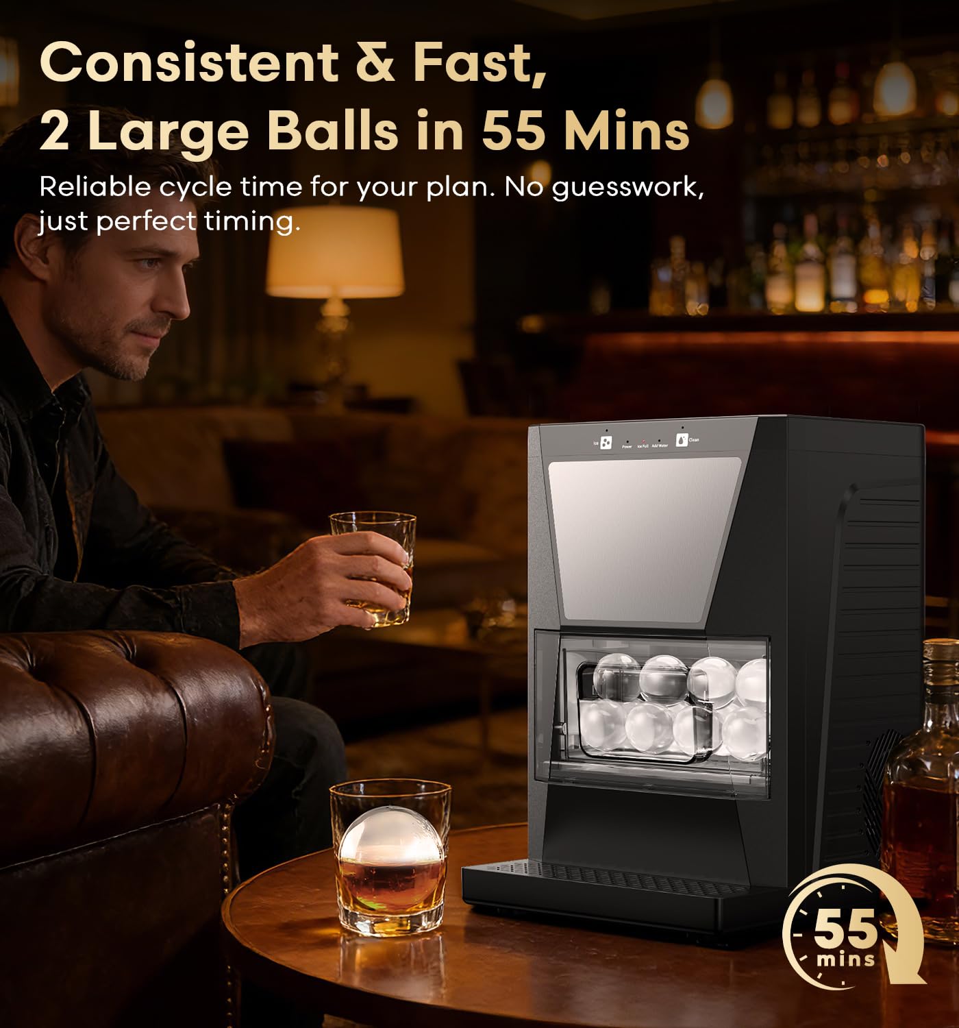 DOQAUS Clear Ice Cube Maker, 2.2-Inch Ice Ball Maker Machine with Water Recycling & Self-Cleaning, Automatic Sphere Ice Maker for Premium Whiskey & Home Bar Cocktails