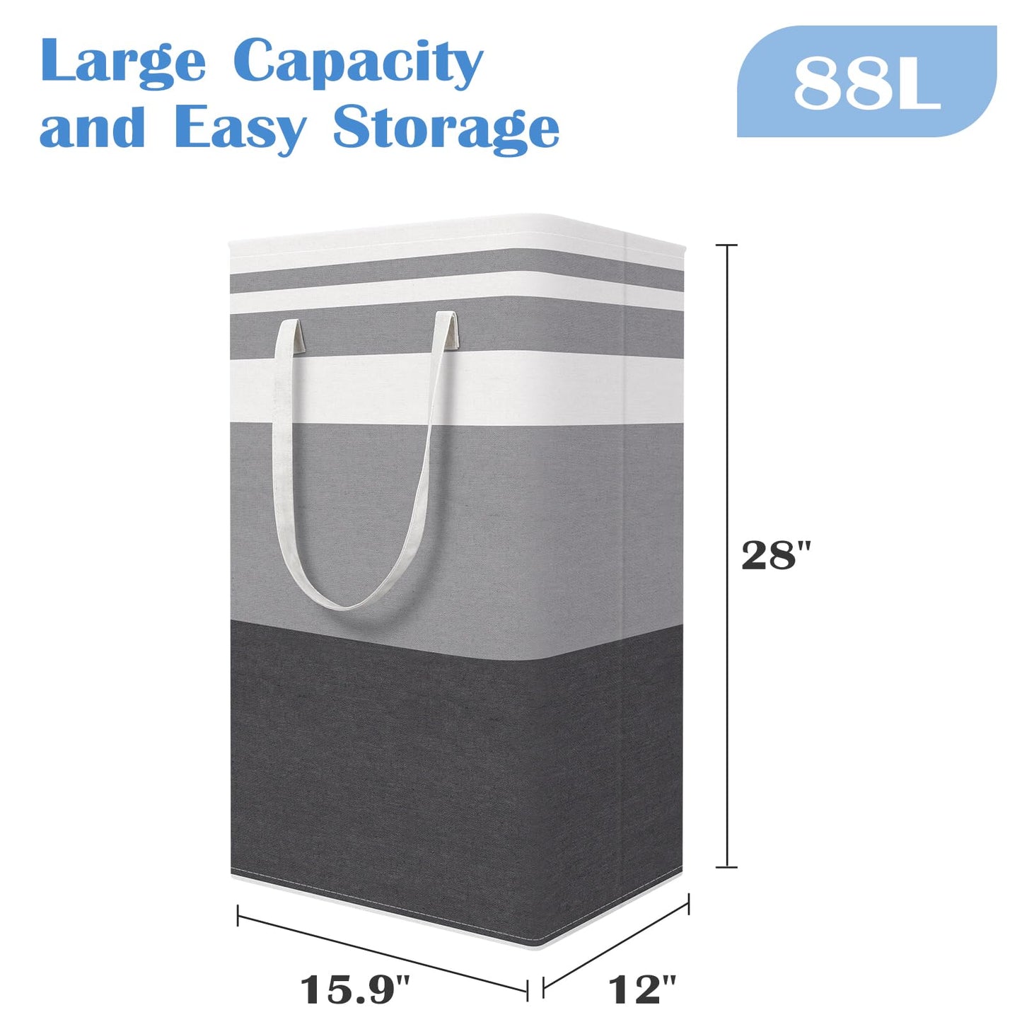 BlissTotes 3-Pack Laundry Basket, Freestanding＆Waterproof Laundry Hamper, Collapsible Tall Clothes Hamper with Easy Carry Handles for Clothes, Towels in the Family and Dorm,Gradient Grey,88L