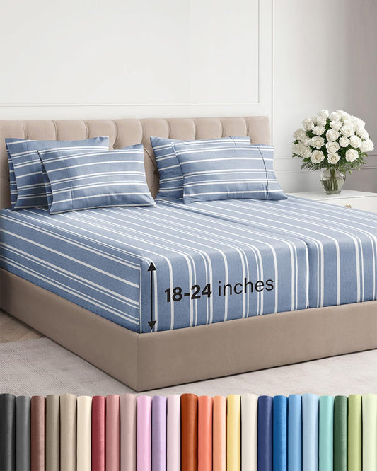 Skiennix Extra Deep Split King Sheet Set | 7-Piece Breathable Cooling Bedding - Soft, Wrinkle-Free Blue Stripes