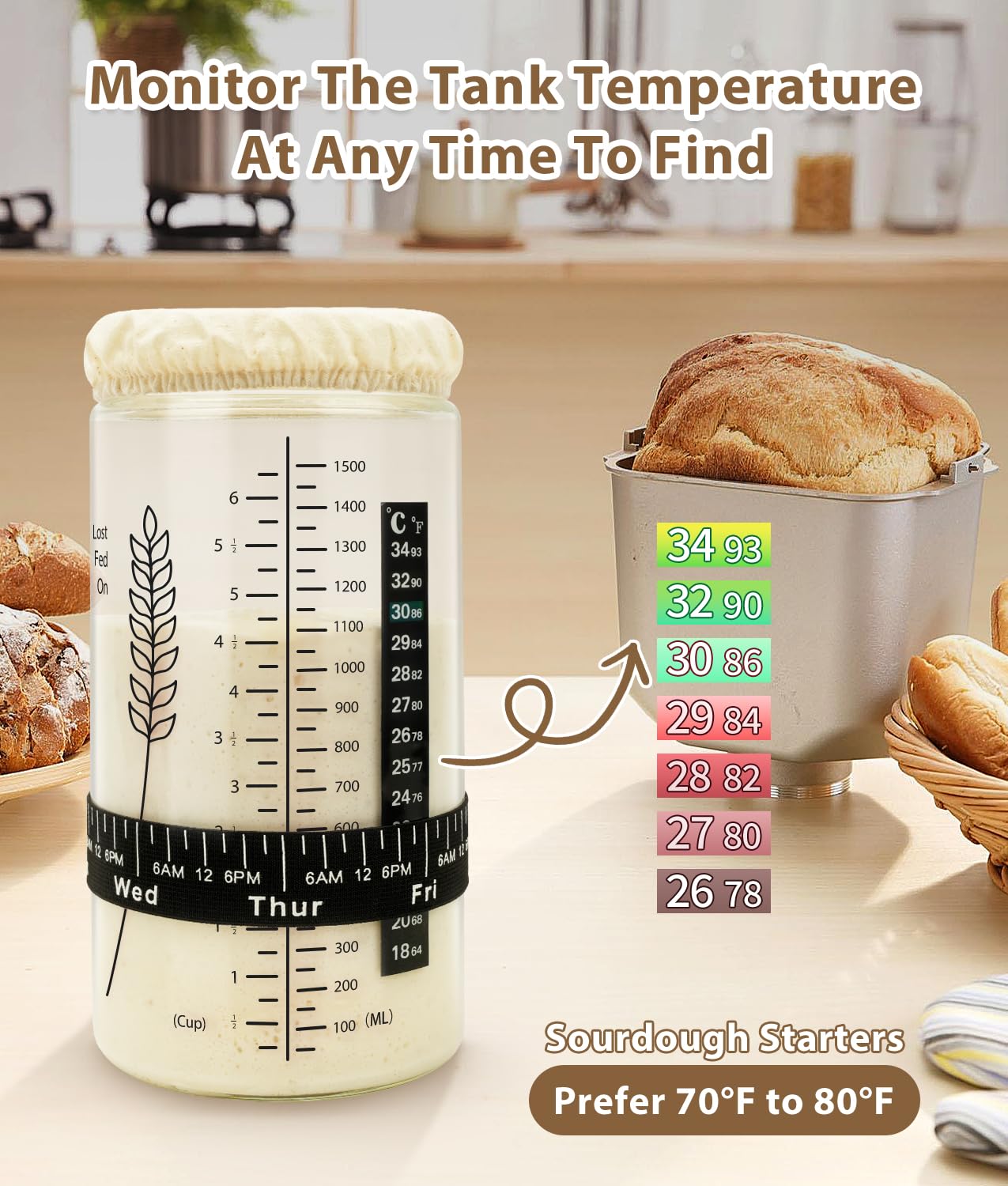 Keafont 50oz Sourdough Starter Jar Kit, Large Capacity Sourdough Jar, Wide Mouth Sourdough Bread Starter Kit for Perfect Sour Dough Bread, Sourdough Starter Kit (Black, 2 Pack)