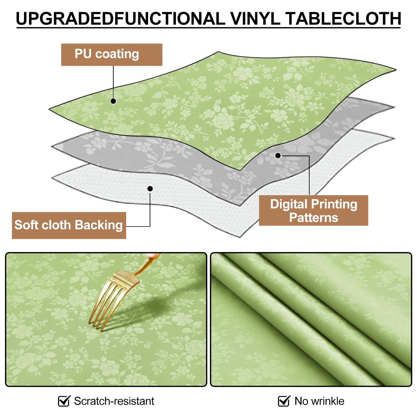 Smiry Rectangle Table Cloth, Waterproof Heavy Duty Vinyl Tablecloths, Wipeable Washable Table Cover for Kitchen and Dining Room (Sage Green, 52" X 70")