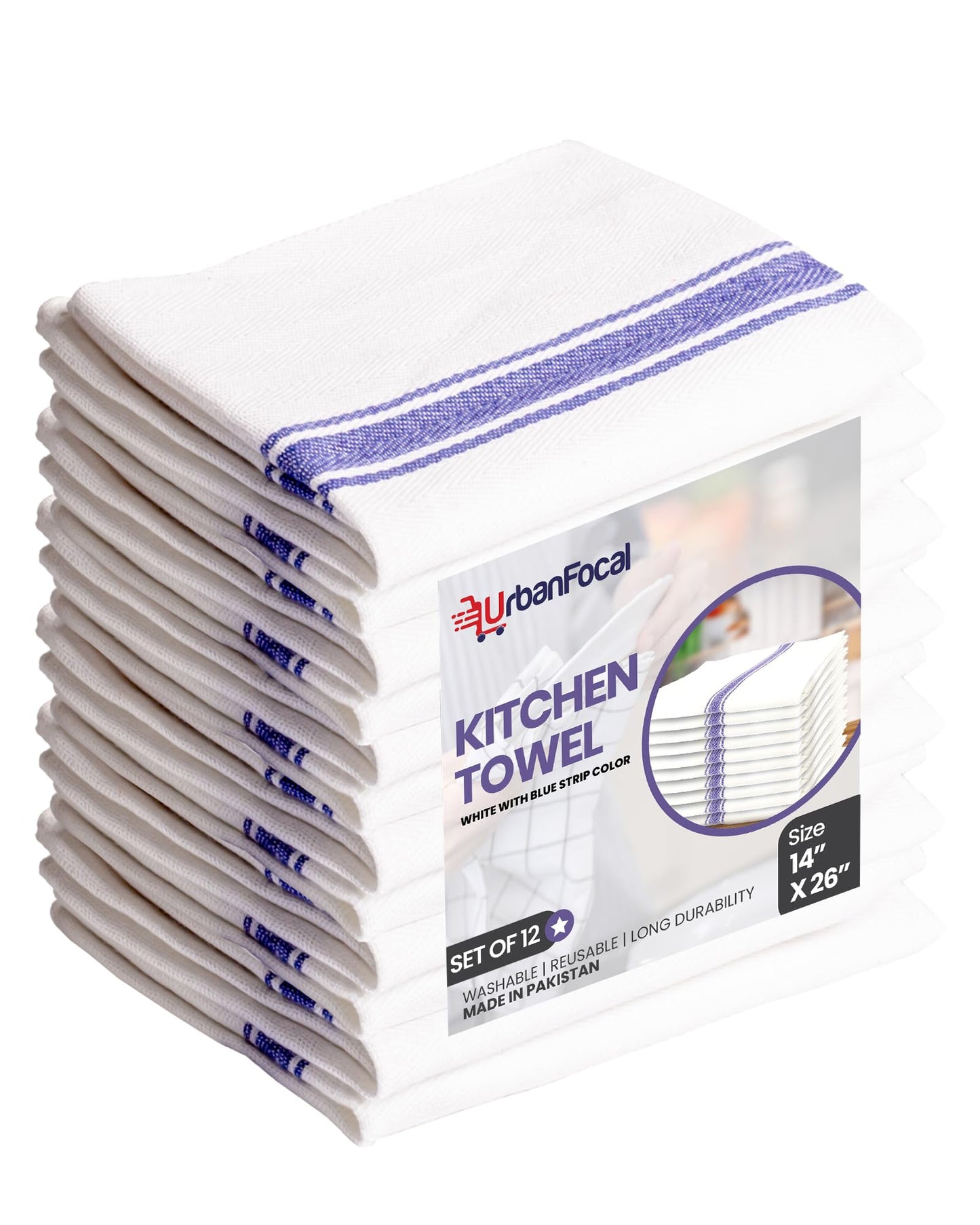UrbanFocal Washable Kitchen Dish Towels - 100% Cotton Super Absorbent 12 Pack Reusable Cleaning Towel for Dishes | White with Blue Stripe, 14 x 26