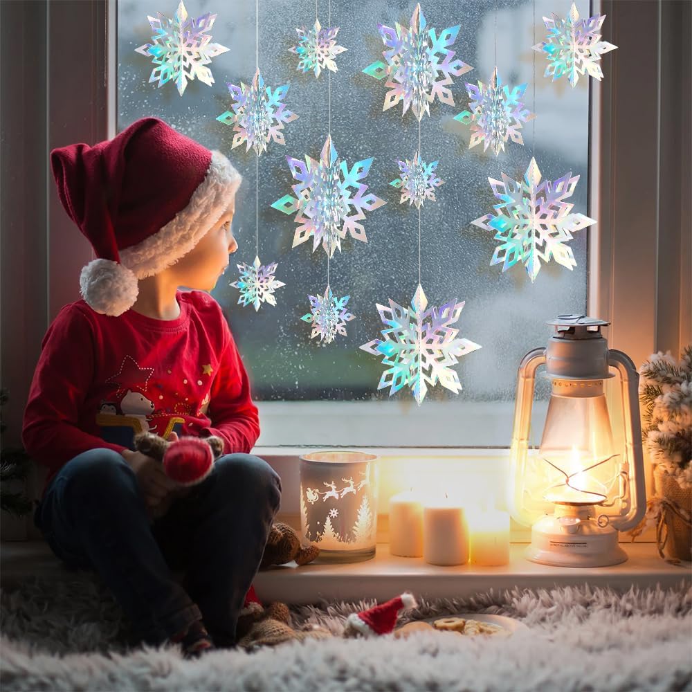 Skiennix 12PCS 3D Christmas Snowflake Decorations - Glittering Holographic Silver Ornaments for Winter Wonderland Decor