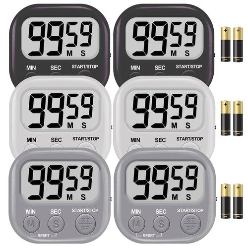 6-Pack Digital Kitchen Timer, 99-Min 59-Sec Countdown & Stopwatch, Loud 100dB Alarm, Strong Magnet, Power-Saving On/Off Switch, Time Memory, Classic Colors, Multiple Placements, Batteries Included