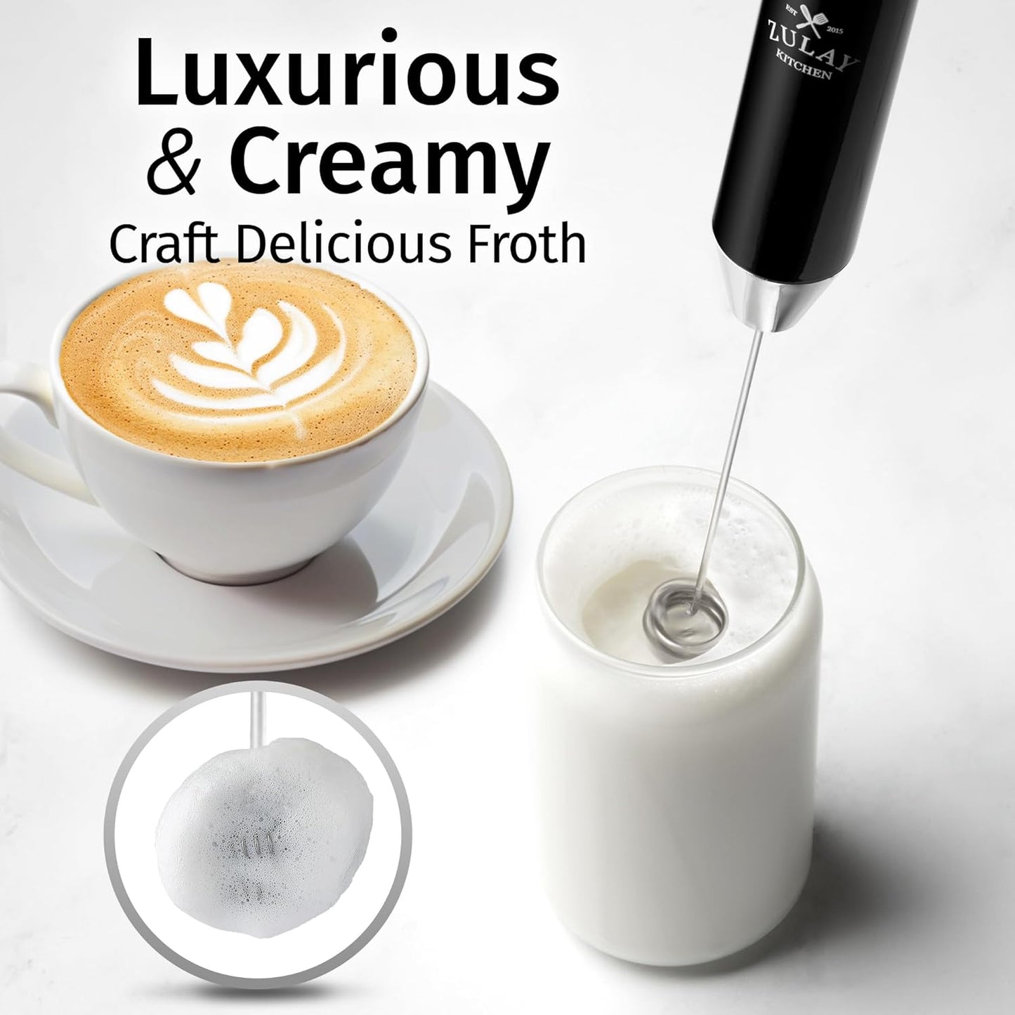 Zulay Kitchen Rechargeable Milk Frother - Powerful 2-Speed Motor, Waterproof, 2000mAh Battery | Drink Mixer for Lattes, Cappuccinos, Matcha & Protein Powder - Obsidian Black