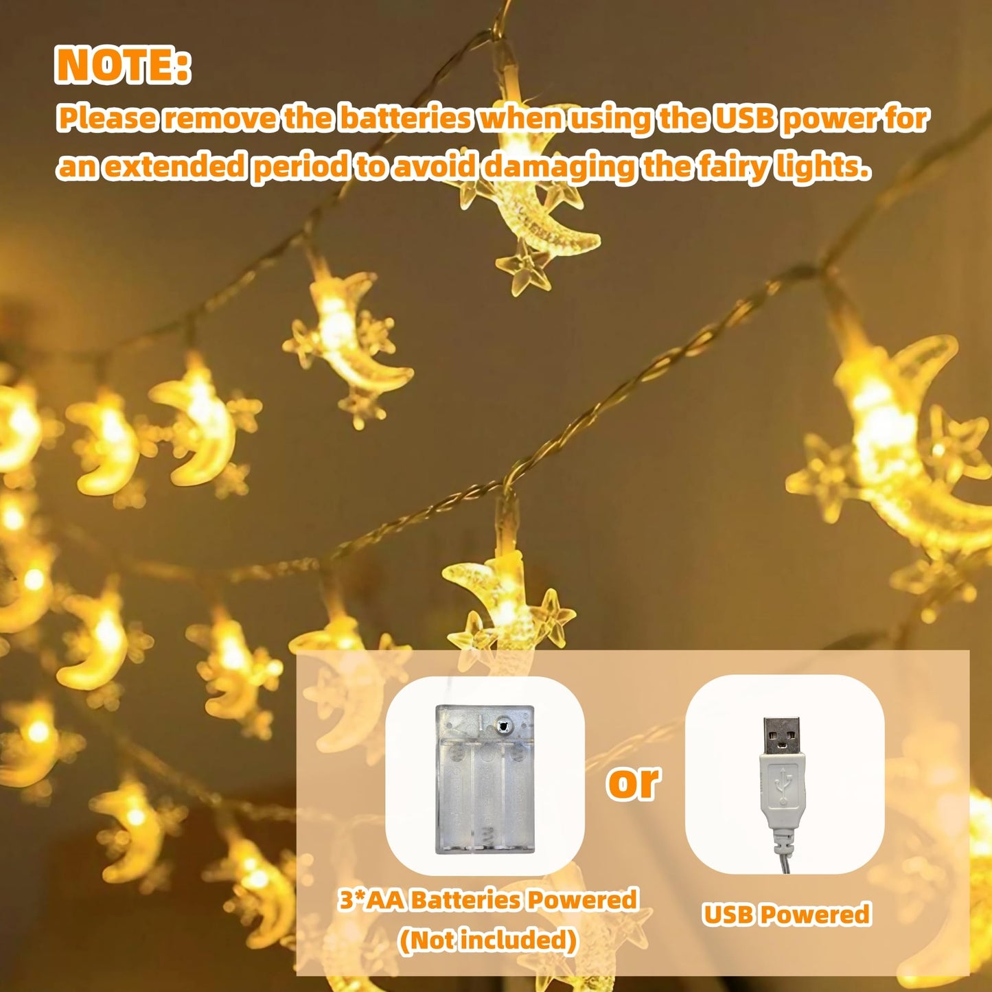 LANZODA Fairy Lights Battery Operated or USB Plug in 26ft/8M 40LED 8 Modes with Timer Ramadan Decorations for Home Moon and Star Lights Wedding Christmas Diwali Eid Room Decor Warm White