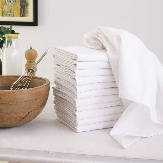 DG Collections 100% Cotton Flour Sack Towels – 12 Pack, 27x27 Inches, White, Lint-Free, Pre-Washed, Hemmed Edges – Reusable Kitchen Towels for Cleaning, Embroidery, Printing & Crafts - White