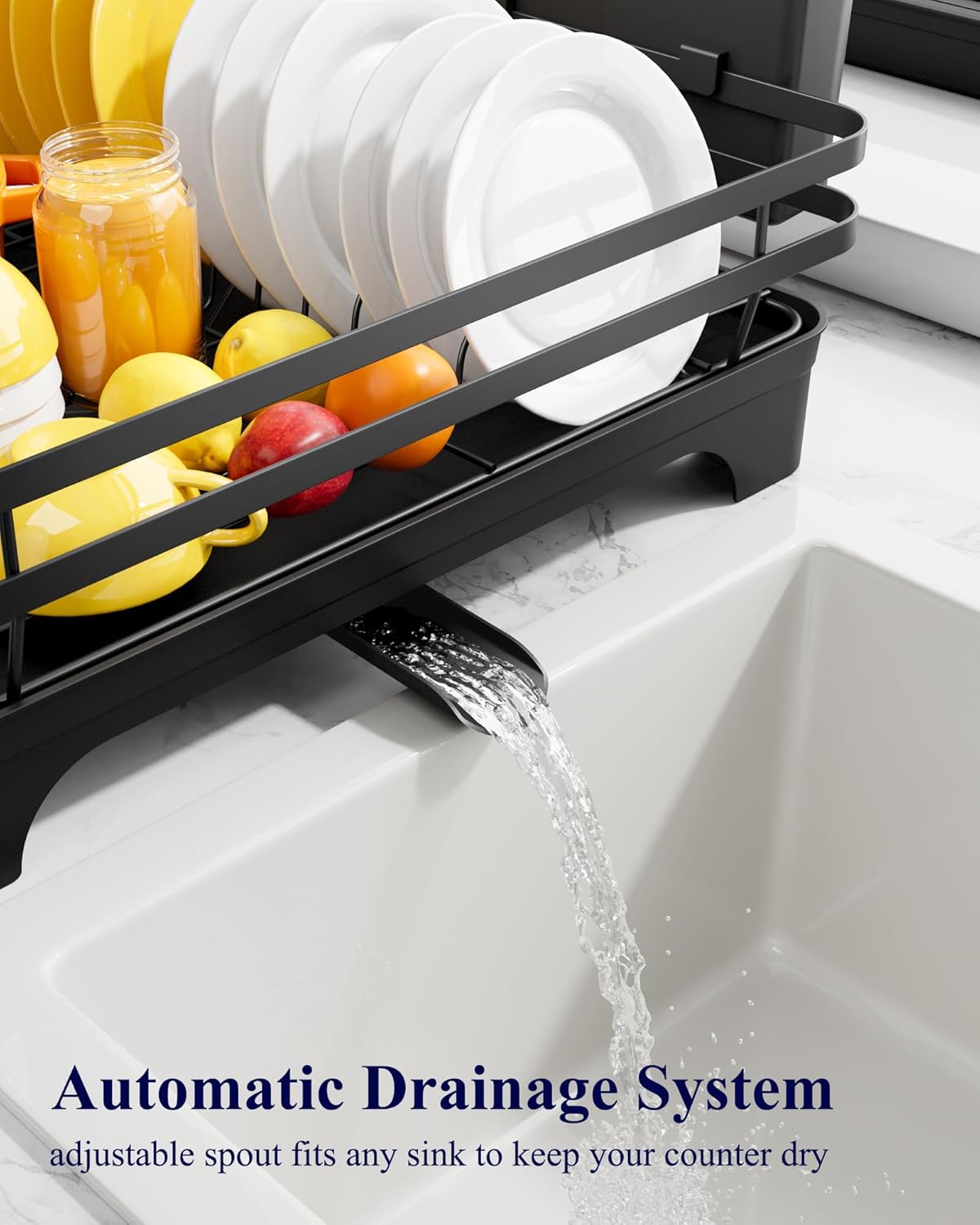 Kitsure Dish Drying Rack - Multi-Functional Kitchen Counter Rack with Cutlery Holder | Rust-Proof, 15.7" x 12" x 5.5", Black